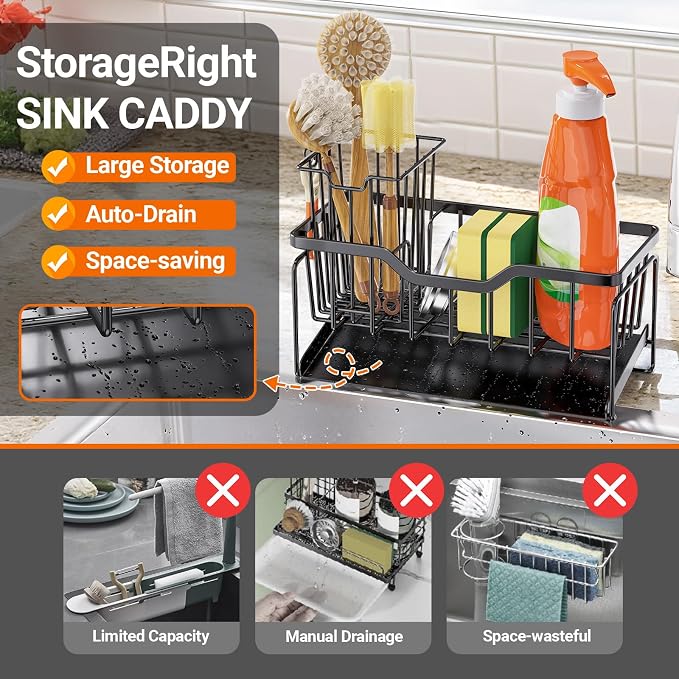 StorageRight Sponge Holder for Kitchen Sink, Stainless Sink Caddy Organizer | Rustproof Kitchen Sink Organizers with High Brush Holder & Self Drain Tray, Anti-Slip Kitchen Countertop Storage Essentials