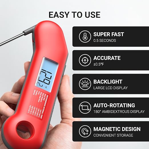 ThermoMaven 0.5 Sec Professional Meat Thermometer Digital, ±0.5°F Accuracy | NIST&NSF Certified, IP67 Waterproof, Auto-Rotating Backlit Display, Lift-to-Wake, for BBQ/Cooking/Candy, Red&Gray