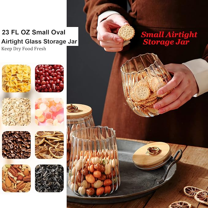 Glass Coffee Nuts Canister Airtight Jar with Bamboo Lid 23 FL OZ Small Oval | Sealed Kitchen Storage Jar, 700ml Petal Ribs Design Decorative Candy Coffee Container, Gold Metal Handle, Easy to Grasp