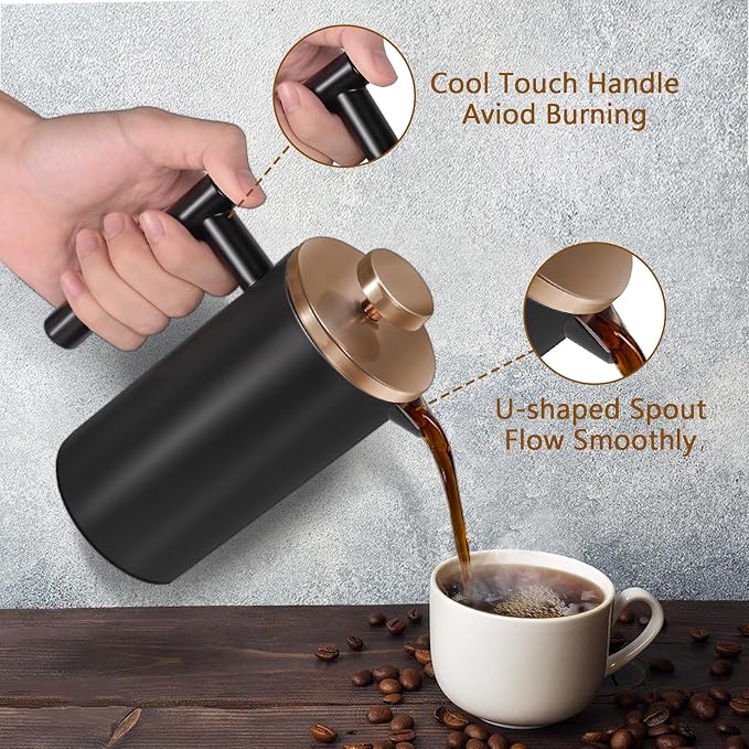 Black Stainless Steel French Press Coffee Maker, Double Wall Insulated French Press,for Coffee&Tea,with 3 Extra Screens and a Coffee Spoon,34oz/1000ml,Gold