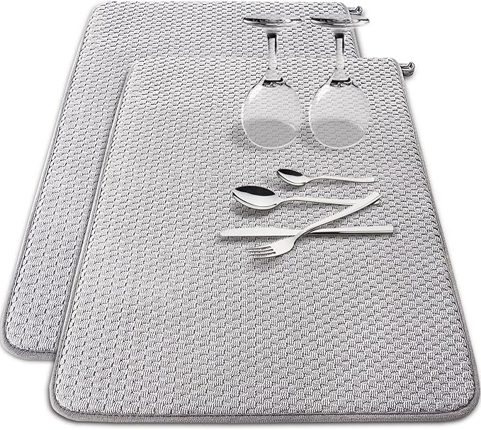 2 Pack Microfiber Dish Drying Mat,24 x 17 inch,Gray | Large Size,Super Absorbent,Drying Pad for Countertops,Sinks,Draining Racks