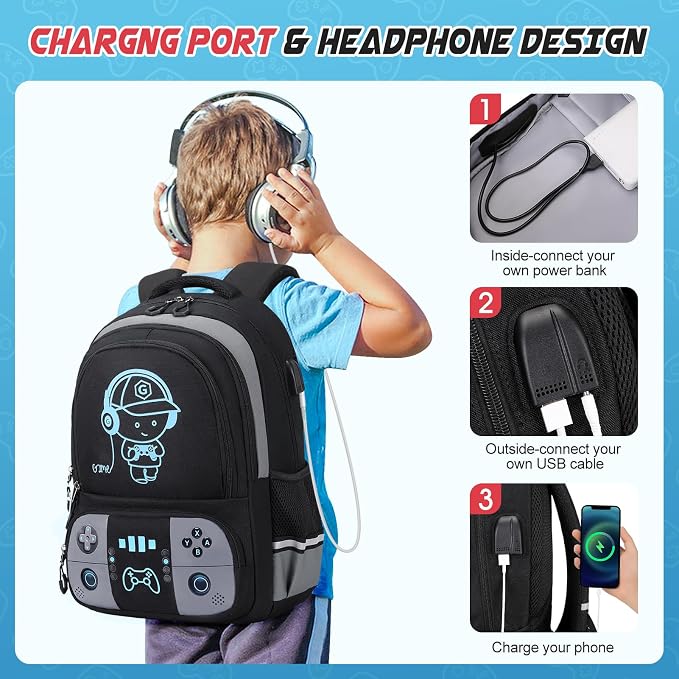 Backpack for School Boys, Cool Luminous Gamer Boys Schoolbag | with Lunch Box & Pencil Case Set for Kids Teens Elementary Middle School, Bookbag Glow In The Dark