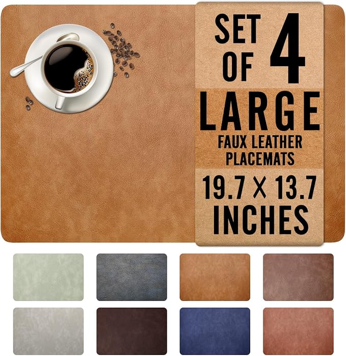 Washed Cowhide Pattern Faux Leather Big Size Placemats Set of 4, Waterproof Easy to Clean Anti-Slip PU Table Mats for Party Decoration19.7″×13.6″,Camel Retro Cowhide Pattern