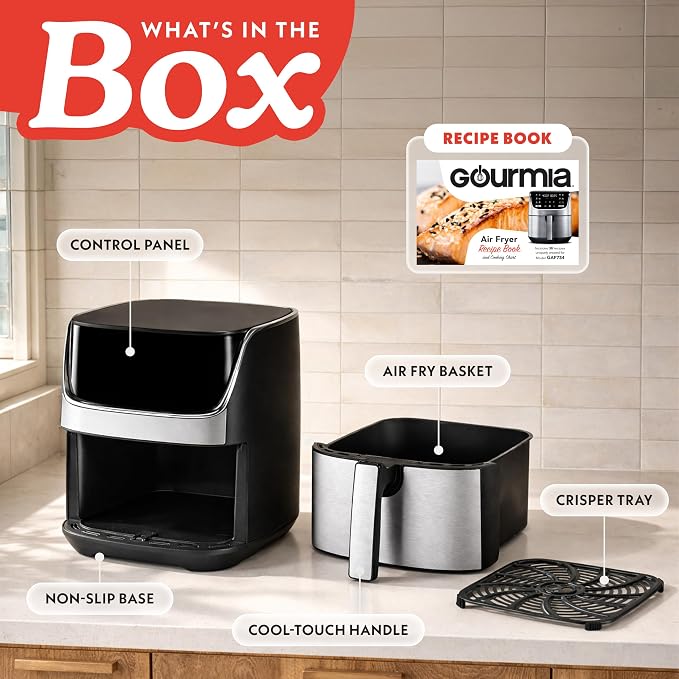 Gourmia Air Fryer - 7 Qt Capacity, LED Display, 12 One-Touch Presets, FryForce 360° Technology, Nonstick Dishwasher-Safe Basket & Crisper Tray, Stainless Steel