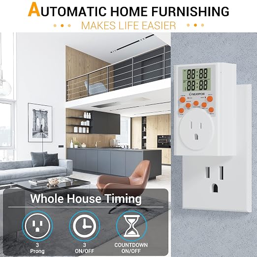 NEARPOW Infinite Cycle Digital Timer Outlet Switch, Programmable 3-Prong | Multifunctional Plug-in Electrical Timer, Energy-Saving Power Switch, Heavy Duty 15A/1800W for Household Appliances