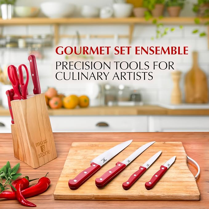 Moss & Stone Red 14 Pcs Kitchen Knife Set with Block, Stainless Steel | Premium forged kitchen knives with high-carbon sharp blades, ergonomic handle, rust-resistant knife block set for home & chef