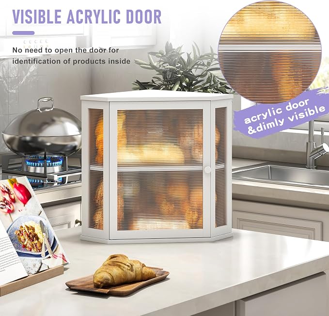 Corner Bread Box for Kitchen Countertop, Farmhouse Style with Acrylic Wavy Door Panel White Counter Bread boxes, Extra Large Food Storage Container