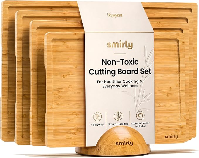 SMIRLY Bamboo Cutting Board - 4 Pack Wood Cutting Board Set with Stand | Non Toxic Wooden Cutting Boards with Juice Grooves and Handles, Multiple Sizes Chopping Board for Meal Prep & Charcuterie