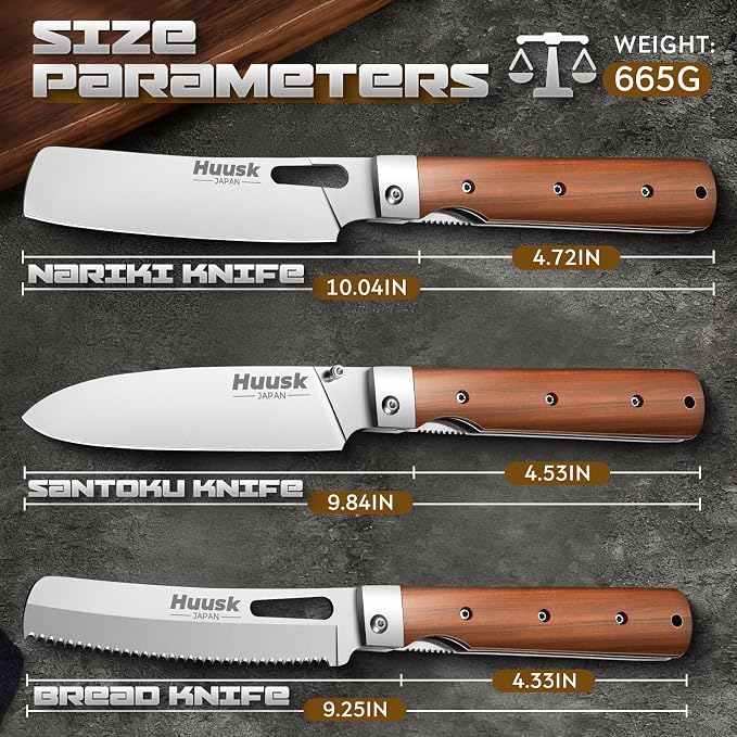 Huusk Folding Chef Knife Set-4Pc with Bag- EDC Kitchen Knife Set | Including Nakiri, Santoku, Bread and Fruit Knives, 440C Stainless Steel , Ultra Sharp Blade, Gift Box