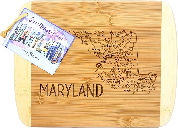 Totally Bamboo A Slice of Life Maryland Engraved Map Cutting Board | 11” x 8.75” charcuterie board with engraved state map artwork. Smooth reverse side for food prep. Hang tie for wall display.