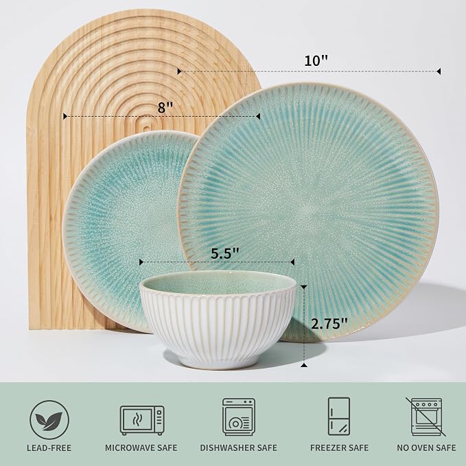 Stoneware Dinnerware Sets, Round Reactive Glaze Ceramic Plates and Bowls Set, Dishwasher & Microwave Safe Dishes Set, Distinctive Granulated Surface Service for 4 (12pc)