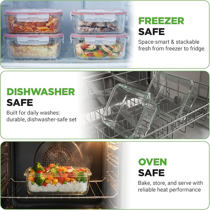 Nutrichef 10-Piece Glass Food Containers - Stackable Superior Glass Meal-prep Storage Containers, Newly Innovated Leakproof Locking Lids w/Air Hole, Freezer-to-Oven-Safe (Red)