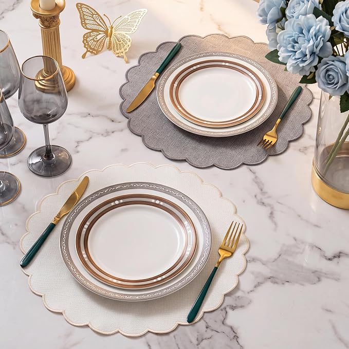 Set of 12 Gray Cotton Placemats 15" Round Scalloped | Double Layered Cotton Fabric, Washable Embroidery, Classic Edge, Rustic Table Mats for Wedding Dining Table Decor