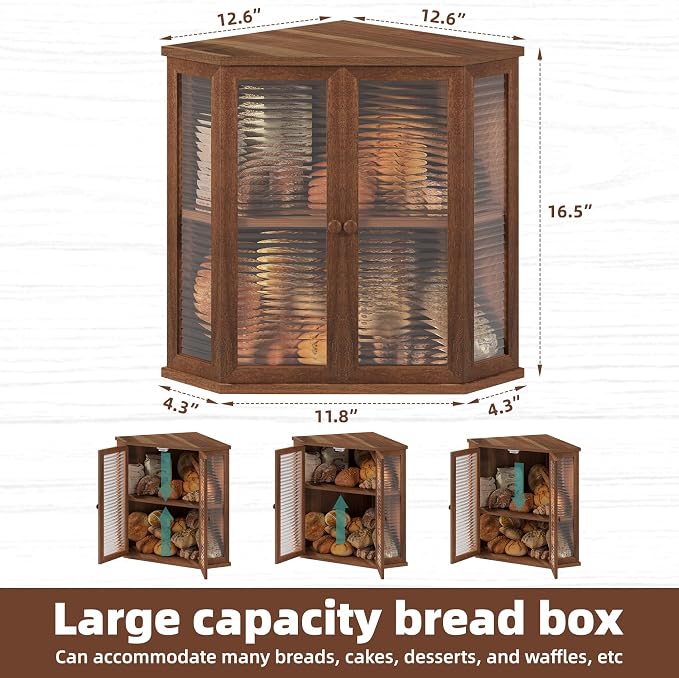 Extra Large Acacia Wood Corner Bread Box for Kitchen Countertop, 16.5 Inch Wooden Breadbox with Glass Wavy Door, Durable Grain Finish, Farmhouse Style Design (Acacia Wood)