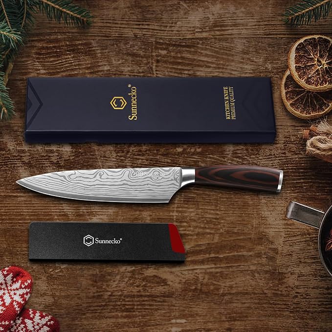 8 Inch Chef Knife - Ultra Sharp Vegetable Kitchen Knife | 12-15 Degree Edge for Meat Cutting Japanese Style, High Carbon Stainless Steel, Pakkawood Handle & Sheath, Cooking & BBQ Gift
