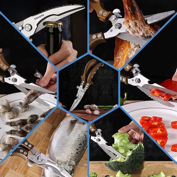 ANDONG Kitchen Shears - Heavy Duty Stainless Steel Poultry, Meat & Bone Scissors with Black Leather Sheath for Food