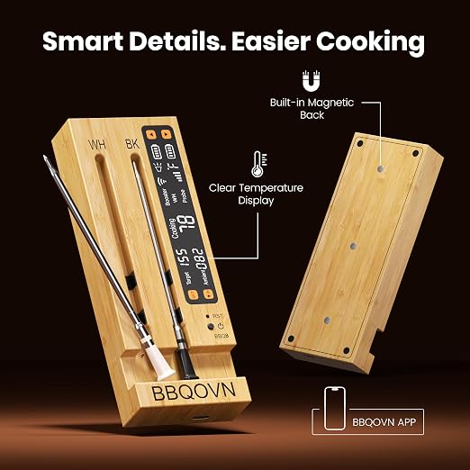 WiFi Sub-1G Wireless Meat Thermometer Unlimited Range 7 NIST Certified Sensors with Ambient Temp 2 Temp Monitoring Ways Digital Smart Base and App for BBQ, Smoker, Grill, Oven (Dual Probes)