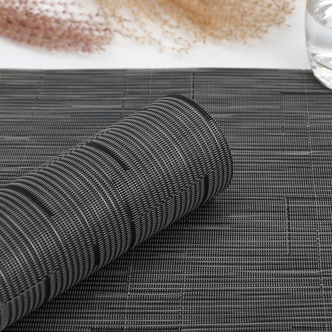 Myir JUN Placemats Set of 8 Kitchen and Dining Table Placemats | Vinyl Placemats Place Mats Indoor/Outdoor Set of 8 Washable Table Mats Non-Slip Place mats for Dining Table, Black-gray