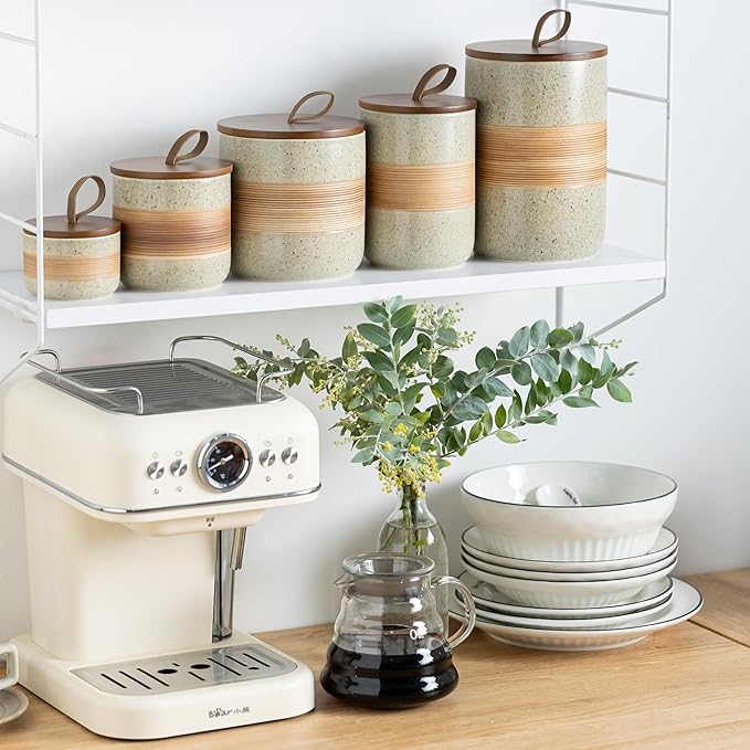 Miamolo Ceramic Coffee Jar for Coffee Bar, Coffee Container for Countertop | Coffee Container and Airtight Seal Lid, for Coffee Beans Tea Sugar | Farmhouse Decor, Kitchen Organization | Beige & 18 fl.oz