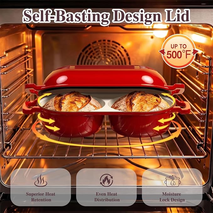 Umite Chef Dutch Oven for Bread Baking–Enamelled Cast Iron Dutch Oven Pot with Lid – 500°F Oven Safe–Double Round Loaf Bread Pan with 5" Banneton Proofing Baskets for Homemade Bread, Meatloaf, Cake