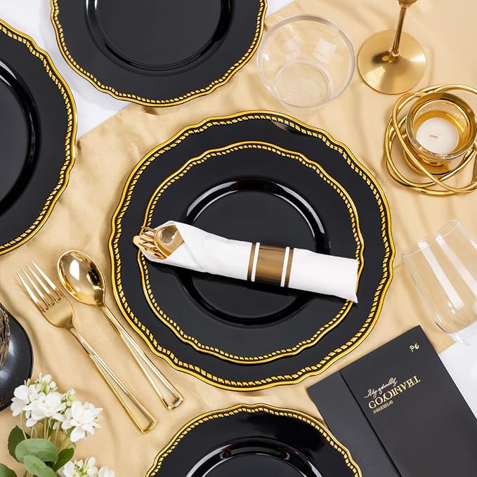 350 Pcs Black and Gold Plastic Plates for Wedding & Party | Gold Plastic Dinnerware Set Includes 50 Dinner Plates, 50 Dessert Dinnerware, 50 Cups, 50 Rolled Napkin Cutlery