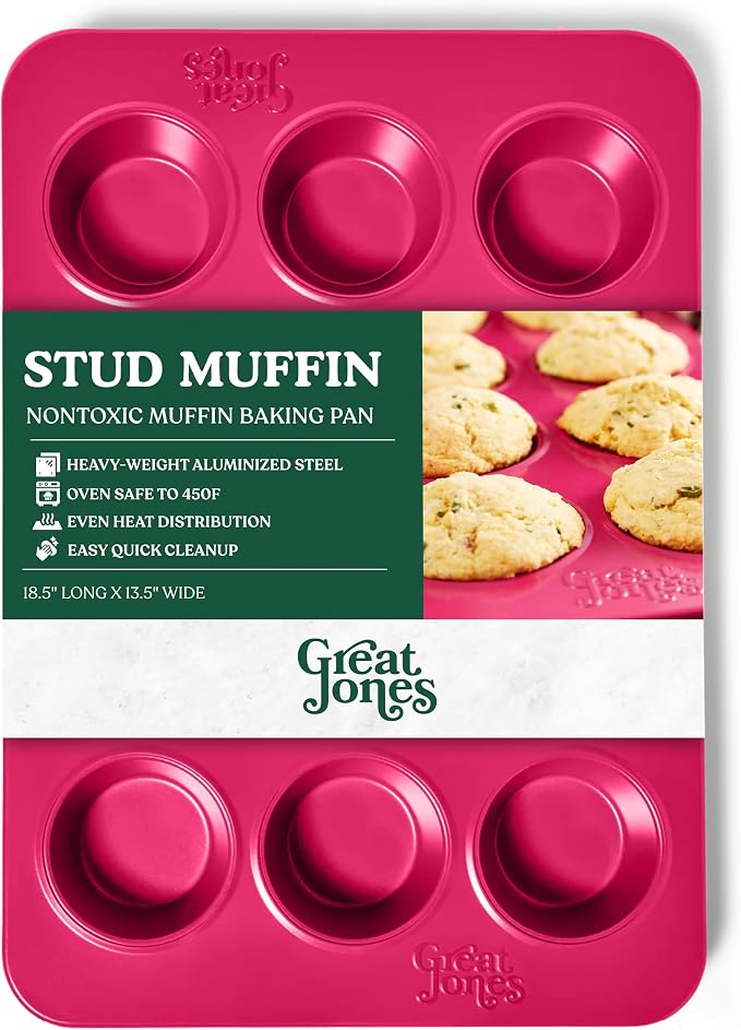Great Jones Nonstick 12-Cup Muffin Pan (Raspberry) | Non Toxic | Pink Cupcake Pan with Dual-Layer Nonstick Coating | Oven-Safe to 450°F | Warp-Resistant & Easy Cleanup