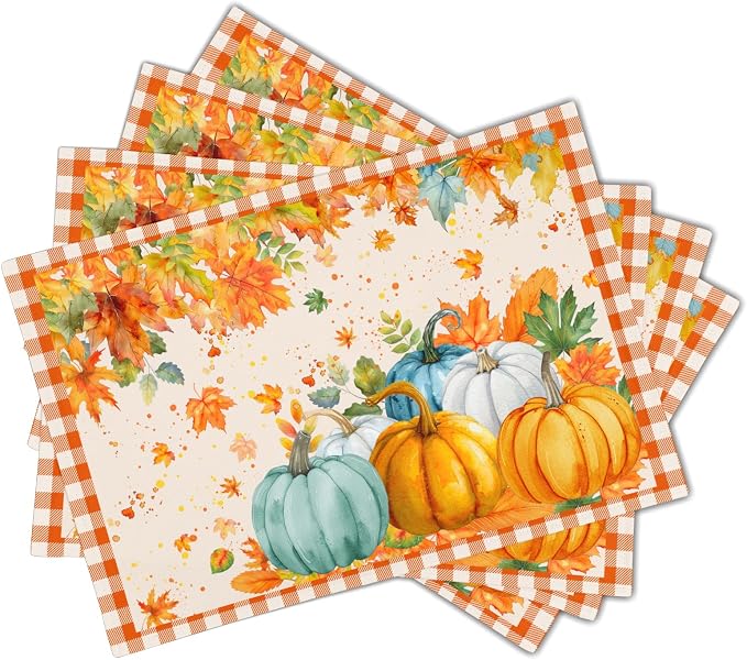Fall Thanksgiving Placemats Set of 6 18x12 Inch Autumn Pumpkins Maple Leaves Linen Place Mats Heat-Resistant Washable Wipeable Orange Plaid Table Mat for Party Kitchen Dining Room Dinner Table Decor