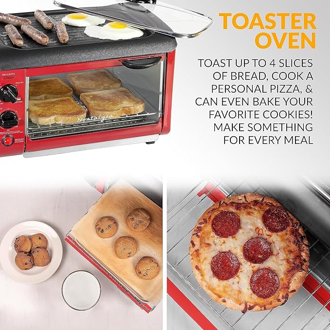 Nostalgia 3-in-1 Breakfast Station - Includes Coffee Maker, Non-Stick Griddle, and 4-Slice Toaster Oven - Versatile Breakfast Maker with Timer - Red