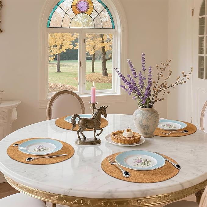 Cotton Linen 15 Inch Round Cloth Place mats, Set of 4, Amber | Washable Table Mats, Heat Resistant, Reversible, Wipeable Place Mats for Indoor Outdoor