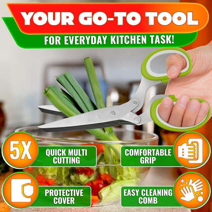 Herb Scissors with 5 Blades and Cover, Cleaning Brush, Even Cuts | Cilantro Cutter for Kitchen, Stainless Steel with Non-Slip Handle; Green Onion Scissors for Parsley, Salads and Greens