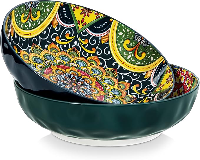 vancasso Large Serving Bowls,78 Oz Salad Bowls Set of 2, Green | Bohemian Decorative Bowls for Salad, Fruit, Pasta and Dinner, Serving Dishes Set for Party, Dishwasher & Microwave Safe