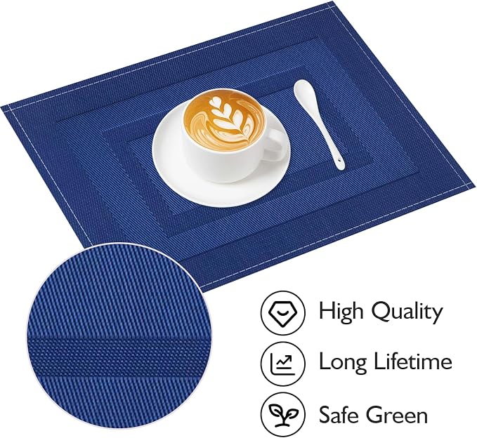 Navy Blue Placemats Set of 4, 12x18 Inch Washable Easy to Clean Heat-Resistant Anti-Skid Grey Placemats for Holiday Party Kitchen Dining Room Decoration