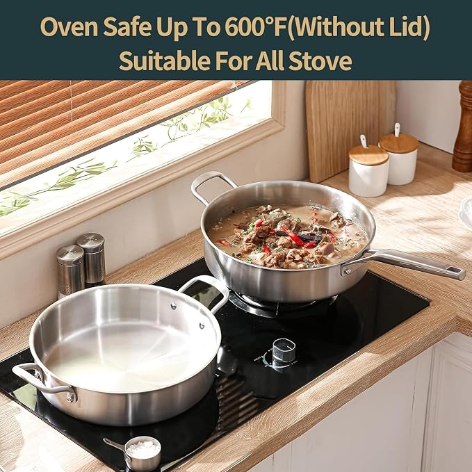 Yeksum Deep Frying Pan with Lid, 6 Quart Tri-Ply Stainless Steel Saute Pan, 12inch Saute Pan with Lid, Rondeau Pot Compatible with All Cooktops Up to 600℉