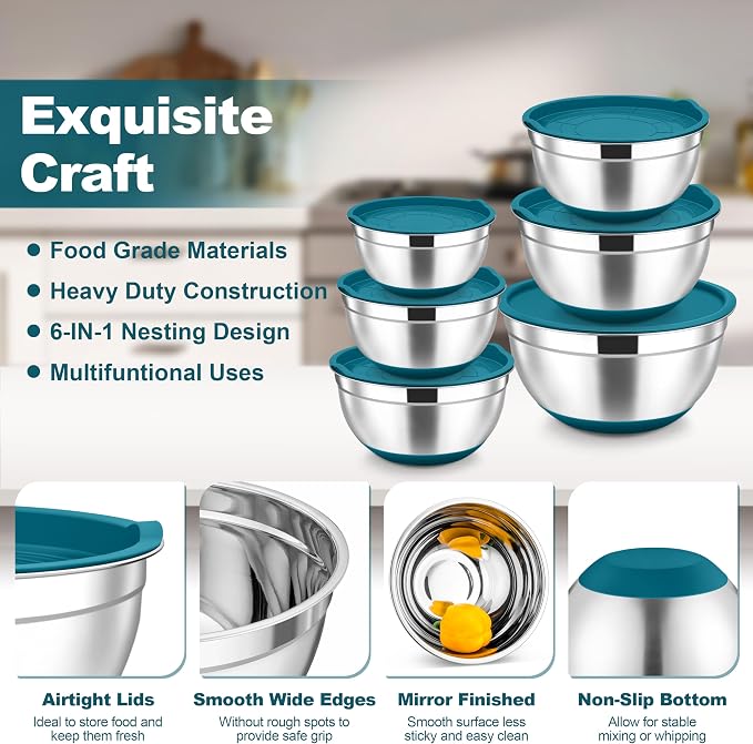 TeamFar Mixing Bowls, Stainless Steel Salad Bowl with Lid & Graters -Blue | 6 PCS for Kitchen Baking Serving Prepping, Container for Dough Veggie Fruit, Non-Slip & Nesting, 4.6 /3.5 /2 /1.5 /1 /0.7 QT