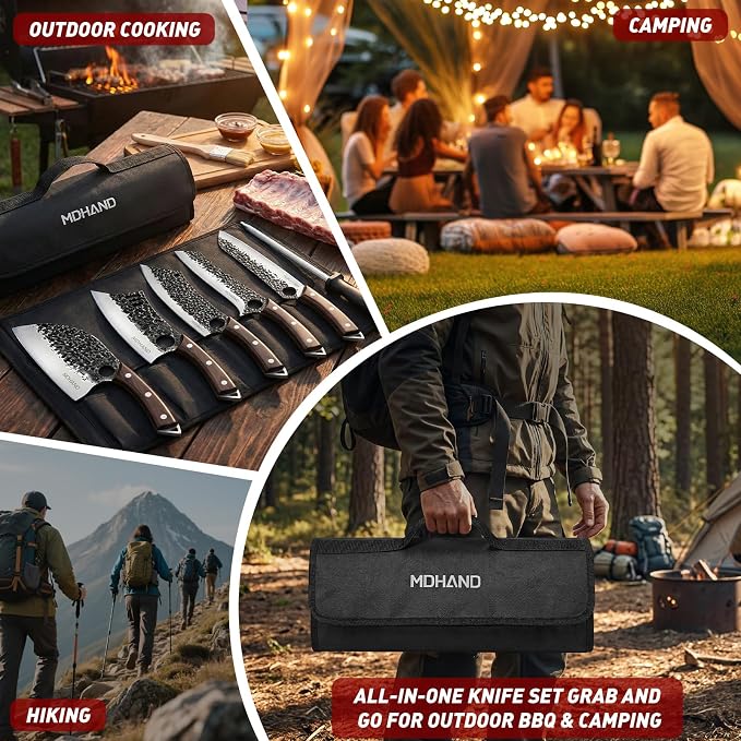 Butcher Knife Set, Serbian Chef Knife Set with Roll Bag Gift for Men | Hand Forged Full Tang 12PCS Kitchen Knife Set, Ebony Handle, High Carbon Steel Meat Cleaver for Brisket Trimming, Camping BBQ