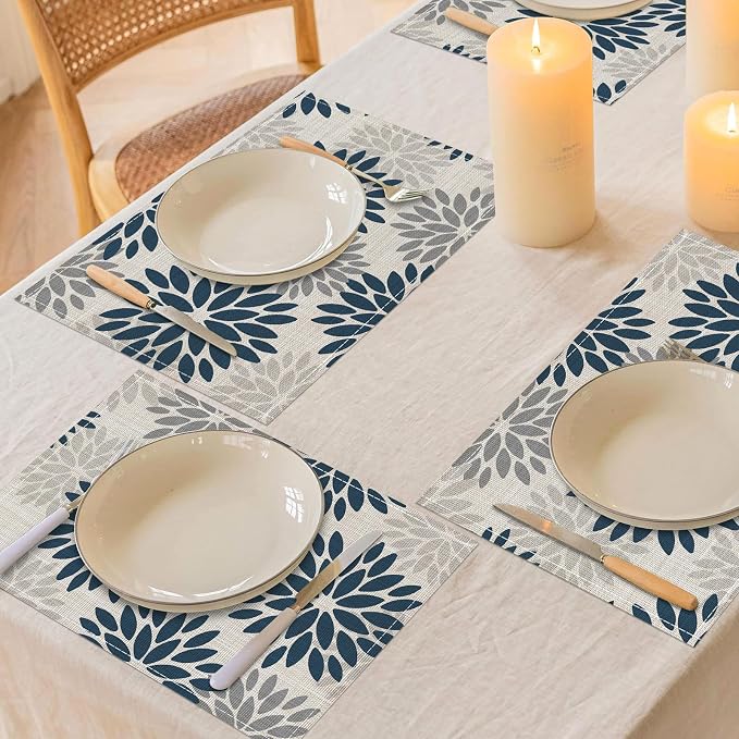 Dahlia Aqua Floral Pinnata Flower Placemats Set of 4, 12x18 Inch Washable Easy to Clean Heat-Resistant Anti-Skid Grey Placemats for Holiday Party Kitchen