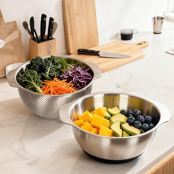 304 Stainless Steel Colander, 2.5 QT Capacity and 2.5 QT Mixing Bowl, Micropore Strainer for Washing Rice, Fruit, and Veggies, Perfect Draining for Cooked Pasta