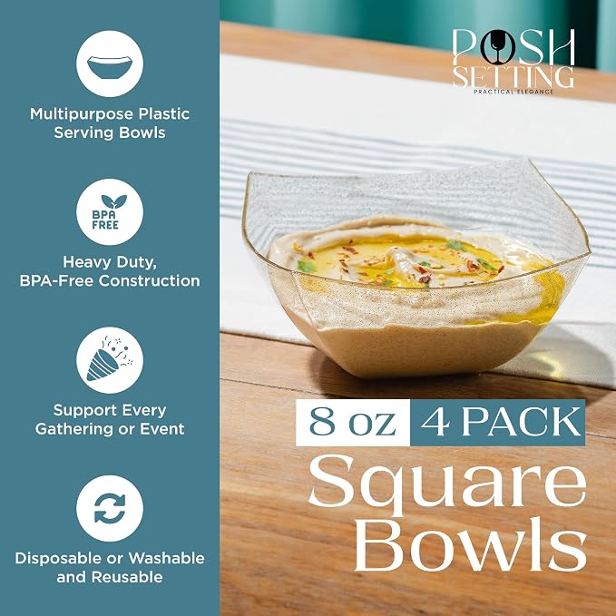 4 Pack Disposable Gold Plastic Serving Bowls Square Party Candy Use 8oz | Square Design. Disposable Party Tableware. Salad, Fruit & Candy Use. Candy Buffet Containers. Gold Plastic.
