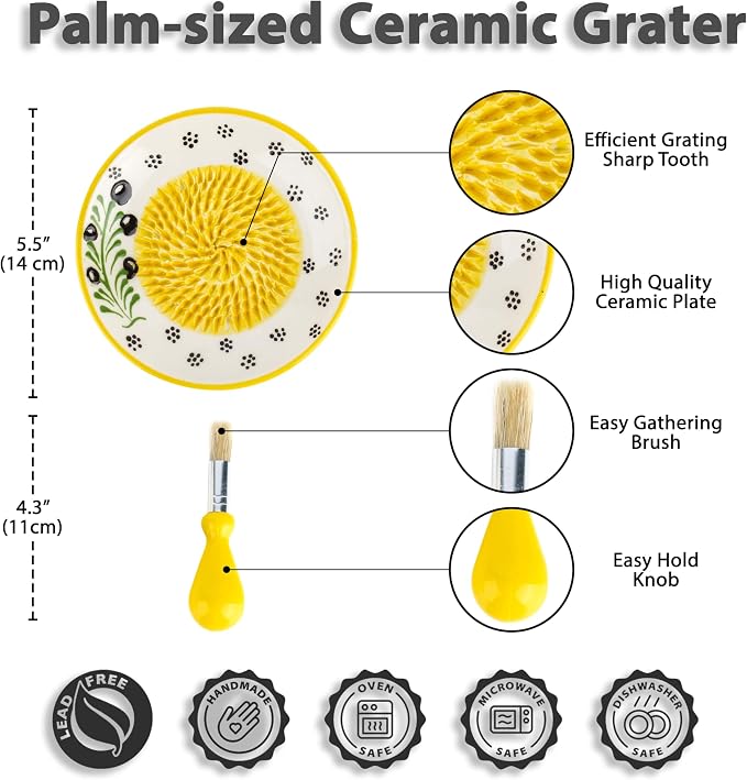 Handmade Ceramic Garlic Grater - 4 Pcs Garlic Press - Natural Ginger & Cheese Grinder - Decorative Mincer - Honey Yellow