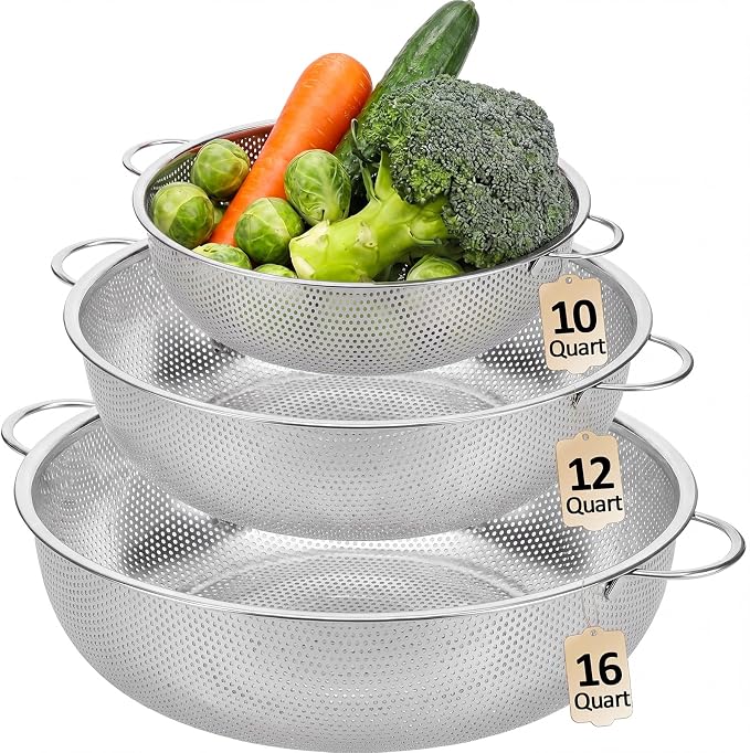 Gisafai 3 Pcs 10/12/16 Quart Stainless Steel Colander Set for Kitchen Micro Perforated Exlarge Metal Pasta Strainer with Handles Metal Mesh Strainer Net Basket Self Draining Solid Base for Pasta