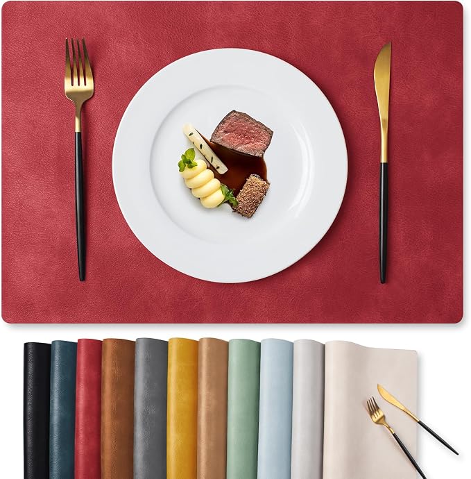 MOSAYT Vinyl Placemats Set of 6-12 X 17 Inch - Faux Leather 100% Waterproof Oil-Proof Wipeable PU Place Mats, Heat Resistant Reversible Table Mats for Kitchen, Dining, Outdoor, Red
