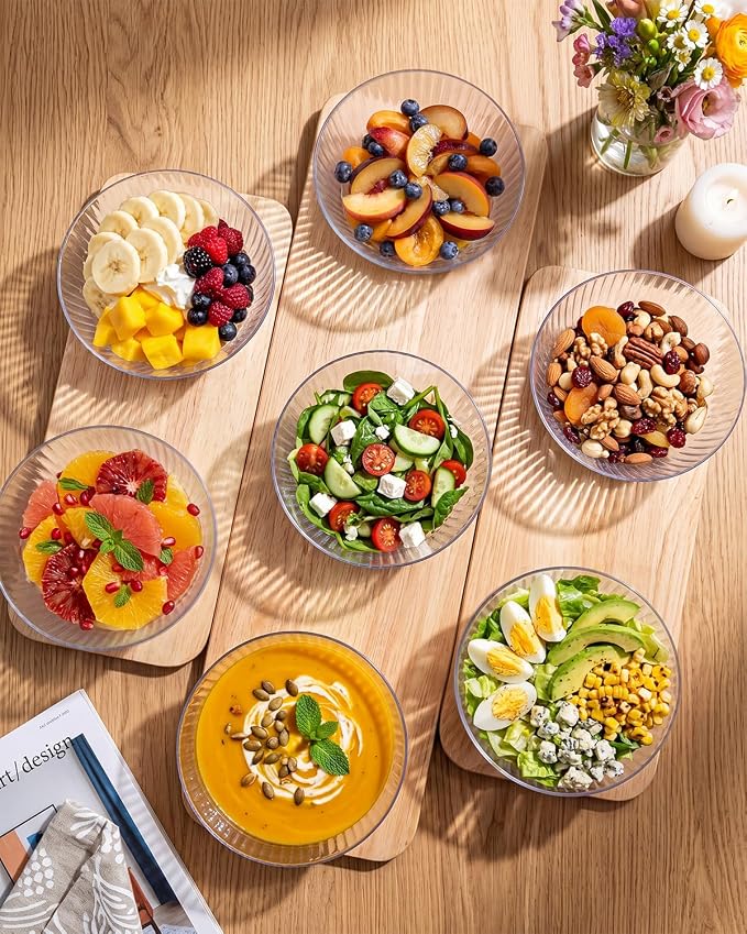 bUCLA 12 PCS Plastic Cereal Bowls Set - 28 Oz Clear Disposable Vertical Stripes Serving Bowls for Snack, Salad, Dessert & Fruit