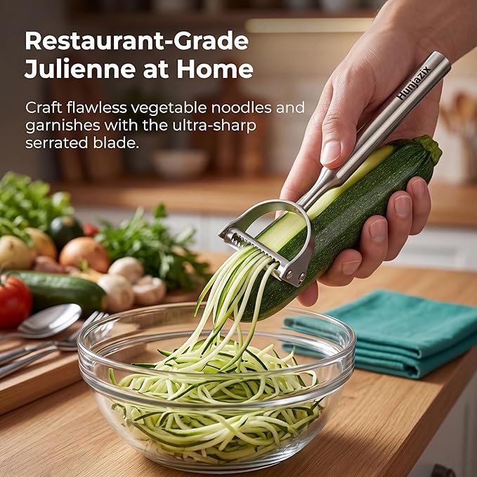 2-in-1 Julienne Vegetable Peeler, Julienne Peeler Shredder Tool | Stainless Steel Handed Julian Peels and Slices for Kicthen, Suitable for Make Vegetable Noodles, Fruit and Vegetable Salad