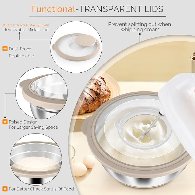 HaWare Stainless Steel Mixing Bowls with Airtight Clear Lids, Khaki | 24-Piece, 5 Nesting Bowls: 4.6/2.6/1.5/1/0.7 QT, Includes 3 Graters, Non-Slip, For Serving, Prepping, Storing