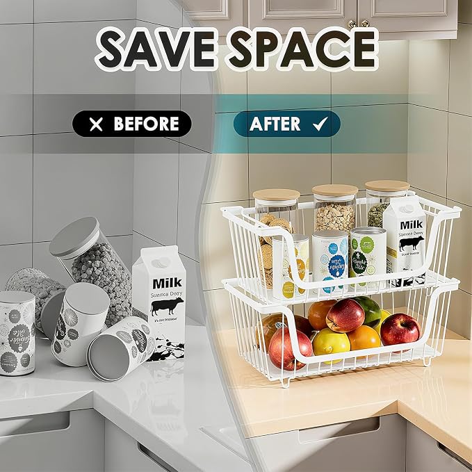 6 Pcs Stackable Wire Baskets for Pantry Organizers and Storage, | Vegetable Fruit Basket for Countertop,Kitchen Storage Metal Baskets,Produce Potato Onion Storage Bin,White