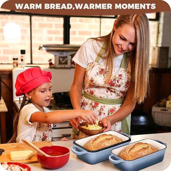 Cast Iron Loaf Pan with Lid, 9x5 Loaf Pans for Homemade Bread | Cast Iron Bread Pan for Sourdough Baking, 9x5 Loaf Pan with 2-In-1 Design, Even Heat Distribution, Sea Salt Enameled