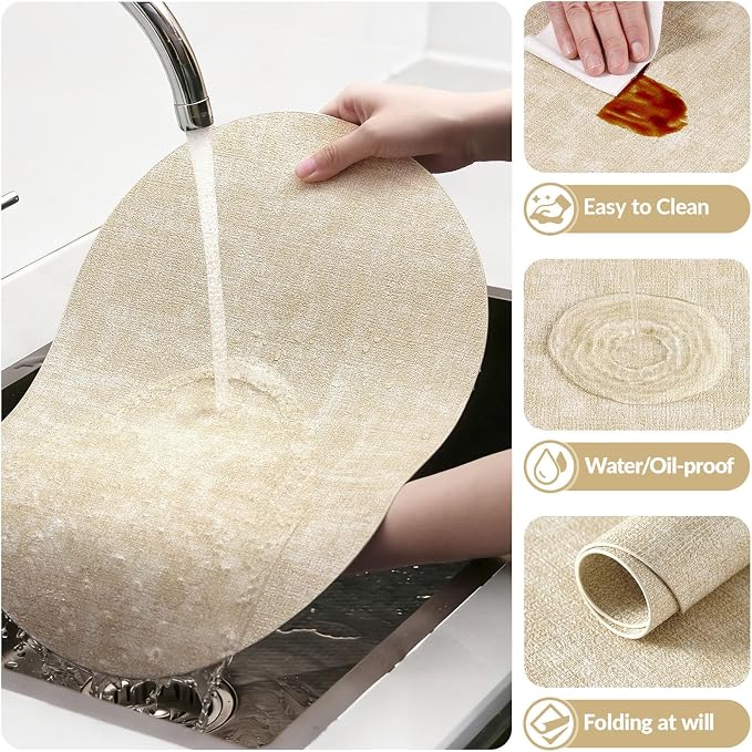 Placemats Set of 6, 11.8 x 17 Inch, Beige | Heat Resistant Oval Faux Leather Place Mats, Waterproof Wipeable Reversible PU Placemat, Indoor & Outdoor