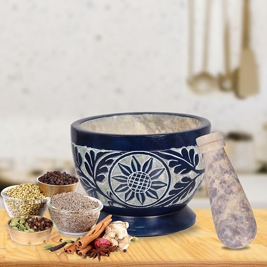 Mortar and Pestle, Made of Heavy Duty Polished Hard Stone, Natural Stone Grinder for Spices, Pastes, Herbs, Seasoning etc. (Blue)