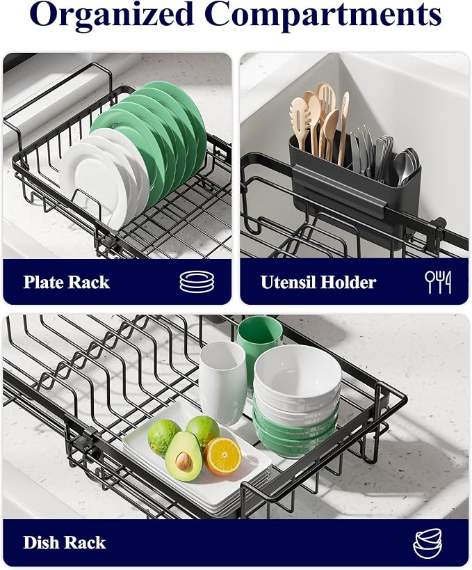 Kitsure Expandable in-Sink or Over-Sink Dish Drying Rack, Large, Black | Rust-Resistant Dish Rack for Kitchen Counter, Dish Drainer with Cutlery Holder, 10.82"-17.12" L x 11.02" W x 3.93" H