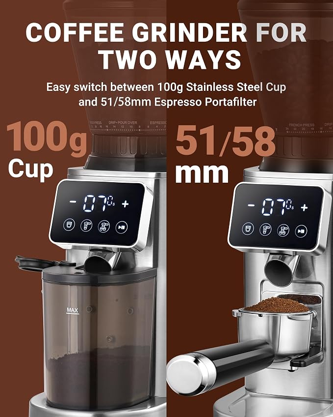 AMZCHEF Conical Burr Coffee Grinder, 48 Grind Settings, Anti-Static Burr Mill with Precision Timer & LED Touchscreen, for Espresso, Drip, Pour Over, Cold Brew & French Press, Stainless Steel, Silver